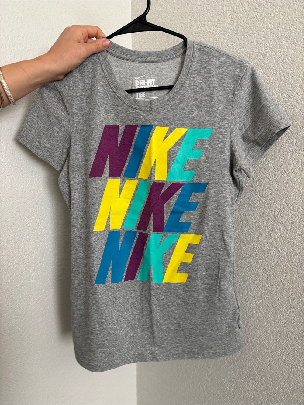 Nike Gray Short Sleeve Tee with Multicolor NIKE Stack Print
